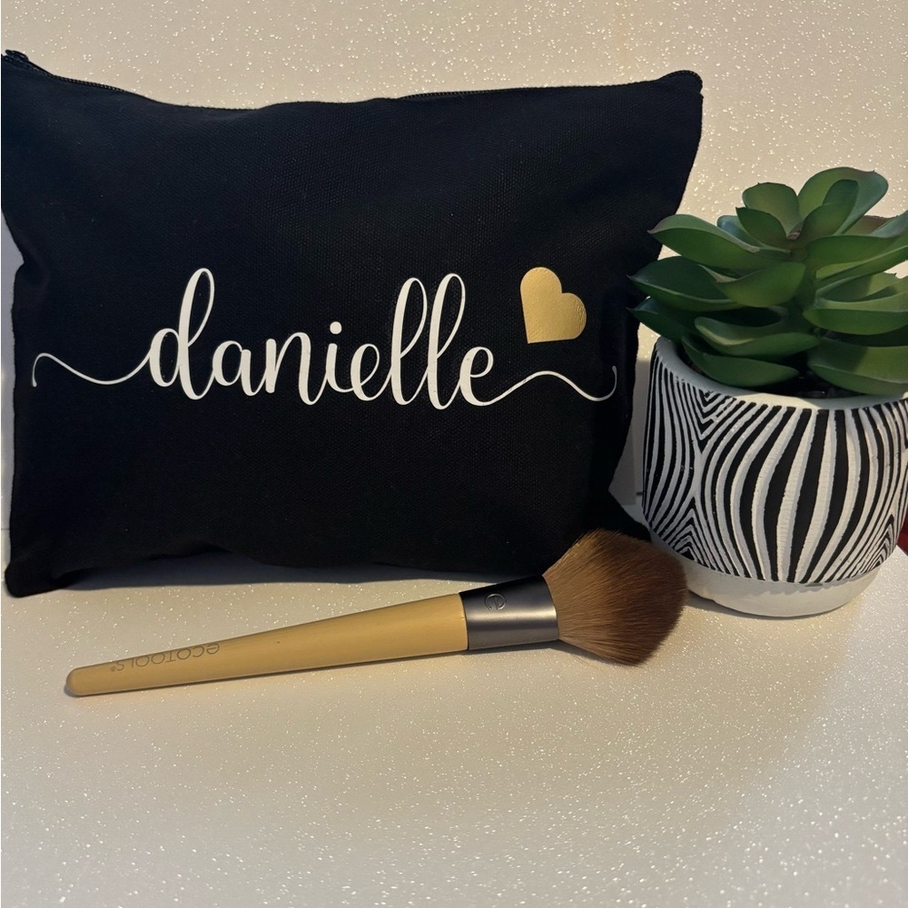 Black Makeup Bag with Gold Heart and Name